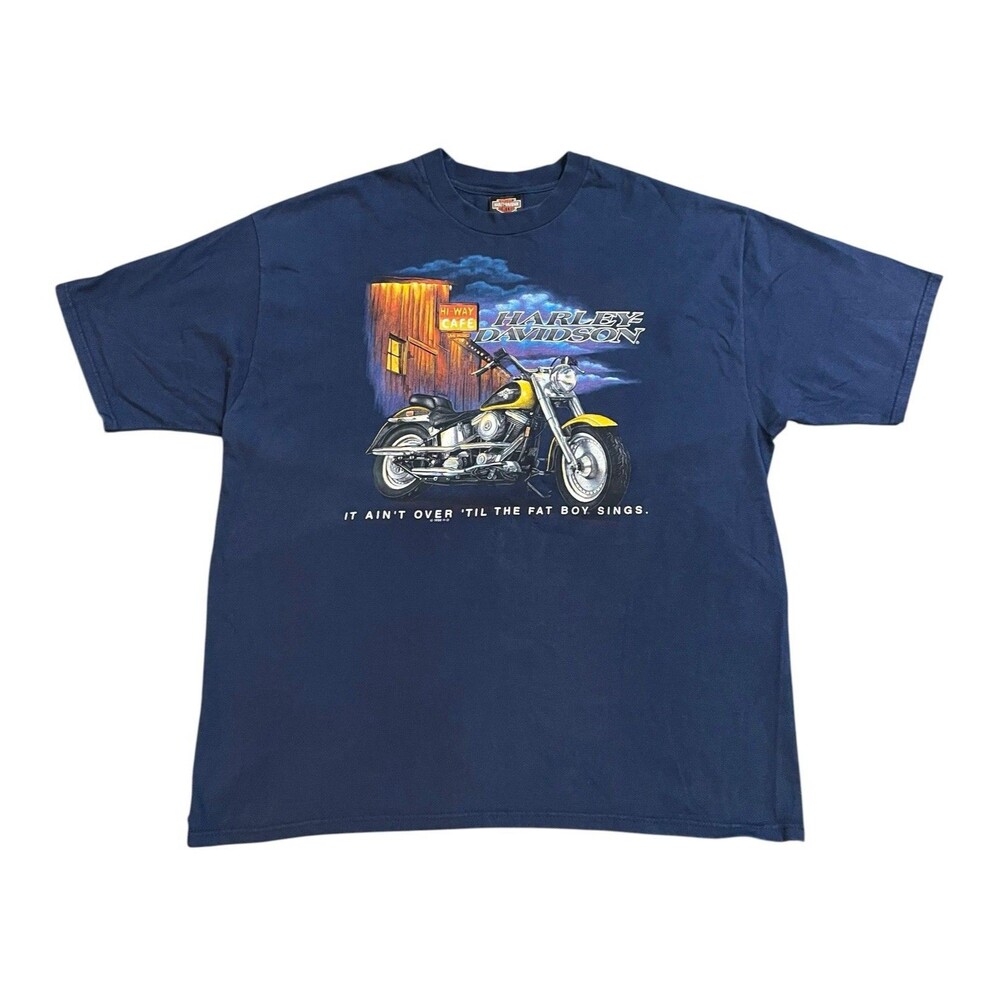 Vintage 90s Harley Davidson ‘Fat Boy Sings’ Blue Tee Shirt Size XXL Made In USA